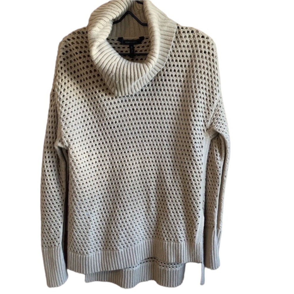 BCBG Max Azira Bethenny Camel Tan Chunky Knit Crochet Cowl Sweater, Size Small
